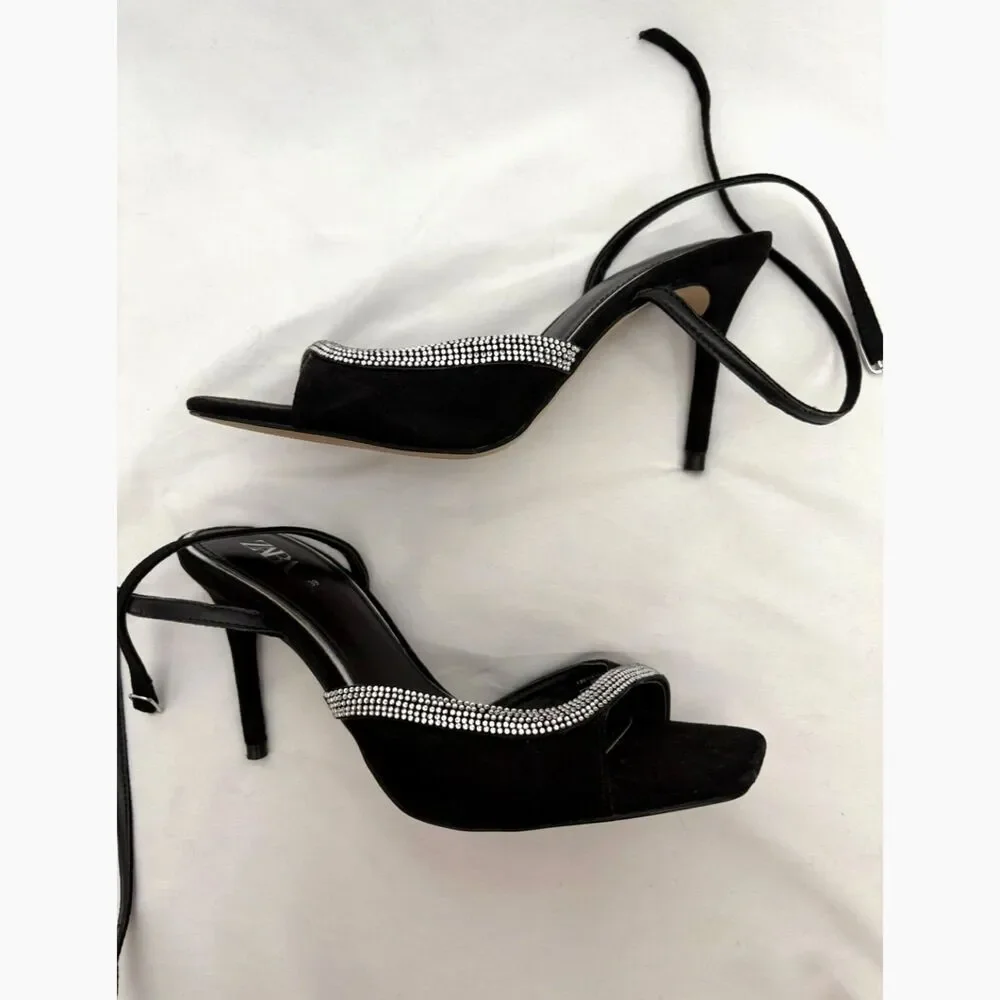 Zara Black Suede Rhinestone Detailed Heels Strappy Size 8.5 EU 39 Classy Formal